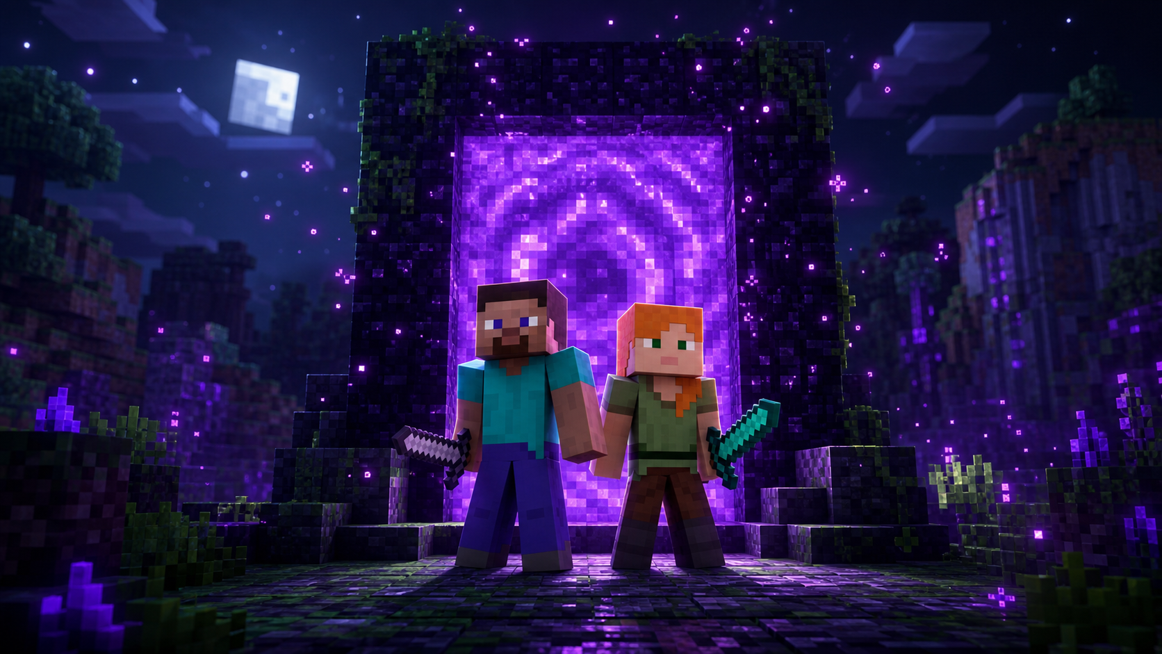 Steve und Alex vor einem leuchtenden Portal