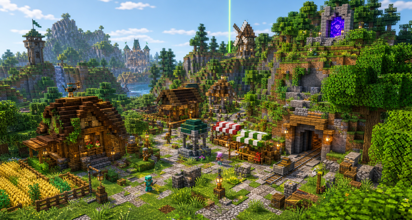 MossCraft Dorf mit Markt, Mine und grüner Landschaft